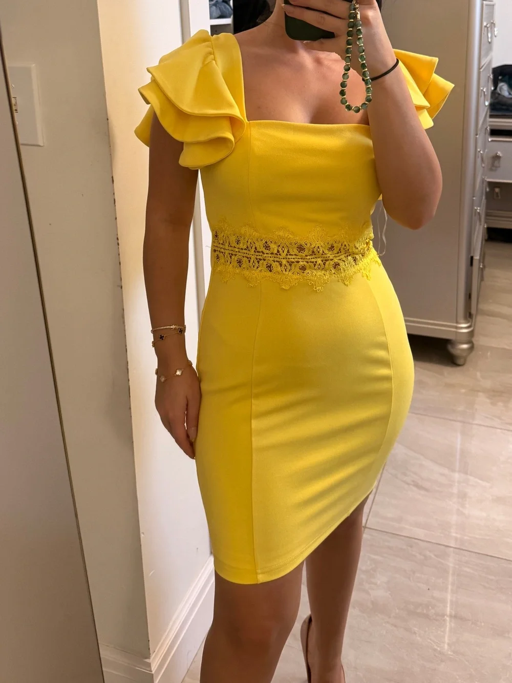 Yellow Ruffle Sleeve Lace Waist Sheath Dress